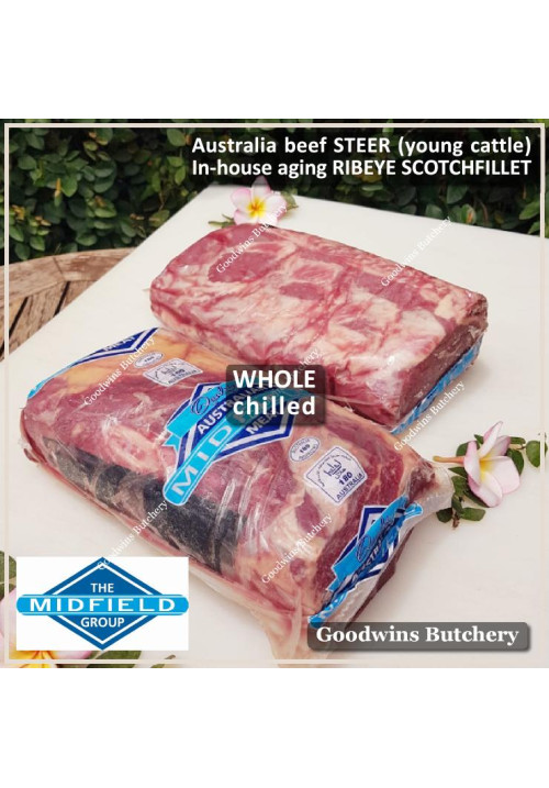 Beef Ribeye AGED CHILLED Australia STEER (young cattle) whole cut +/- 2.5kg price/kg (Scotch-Fillet / Cube-Roll) brand MIDFIELD - PREORDER 2-3 days notice